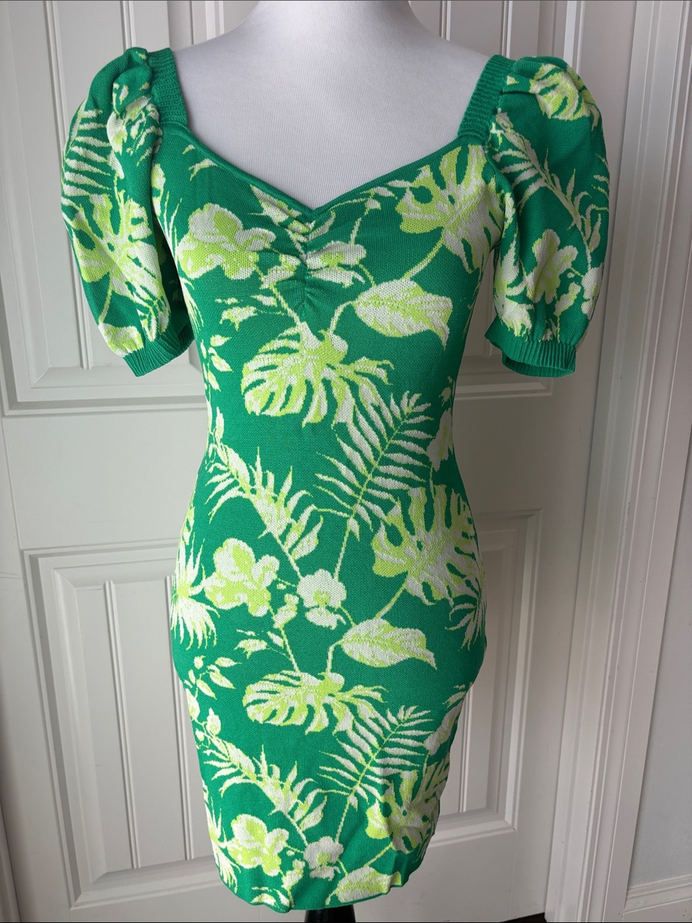 Jealous Tomato Green Tropical Print Puff-Sleeve Mini Dress